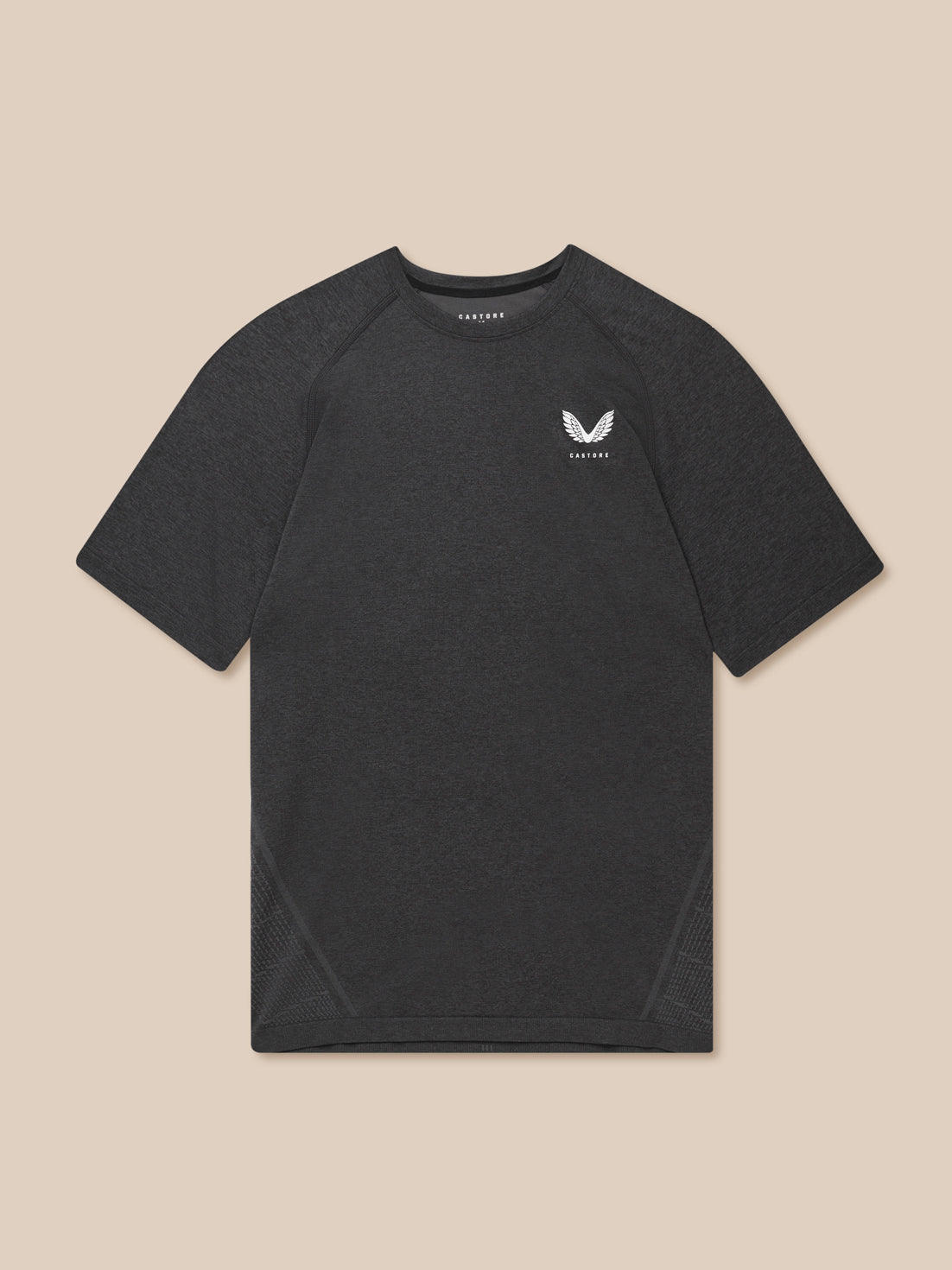 Close-up of a model wearing a black Flow Training T Shirt with a small white chest logo