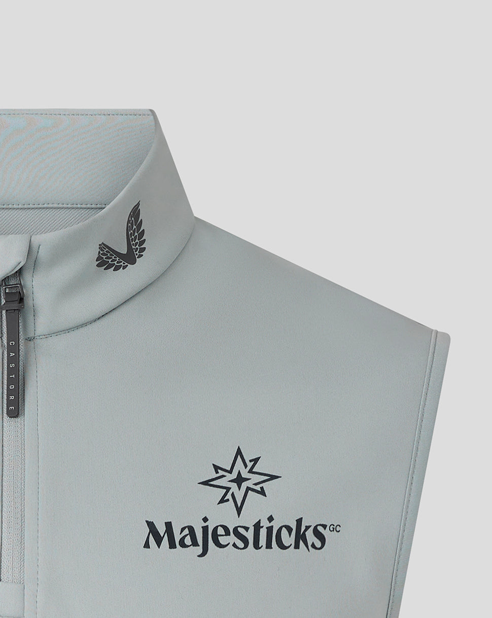 Majesticks Classic Half Zip Gilet in grey close-up of high collar and chest Majesticks logo with Castore branding at the neckline
