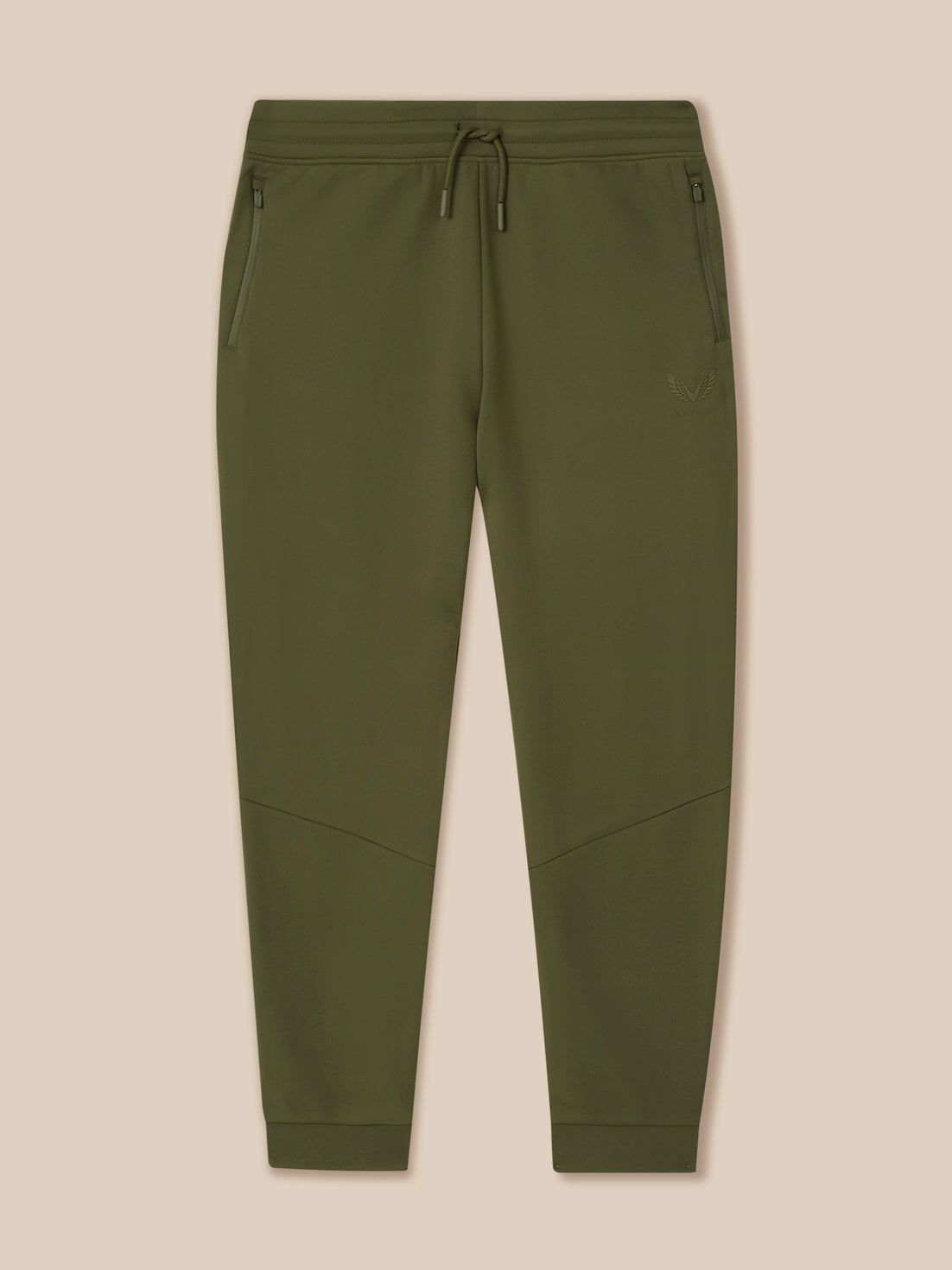 Front view of olive green Flex Lifestyle Thermo Pant laid flat with drawstring waist and zip pockets