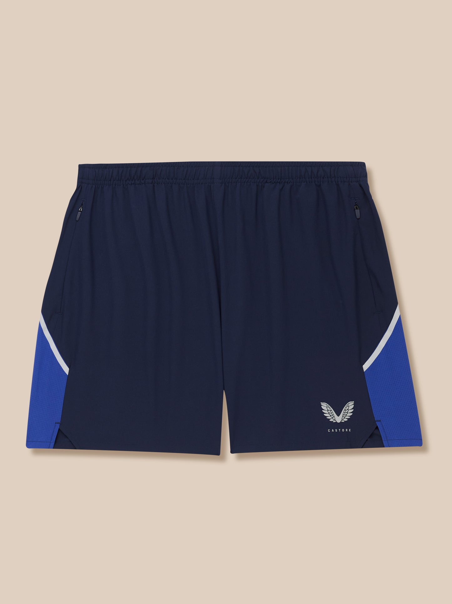 Back view of navy Apex 6 inch shorts showing blue side panels and Castore logo at the lower leg