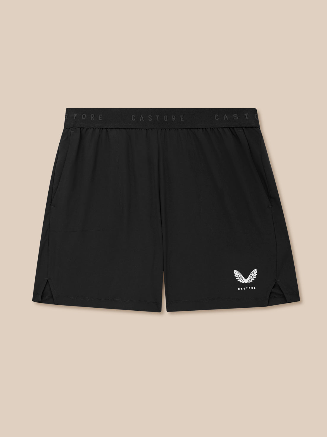 Back view of black Adapt Training shorts with branded waistband and wing logo at the lower right leg