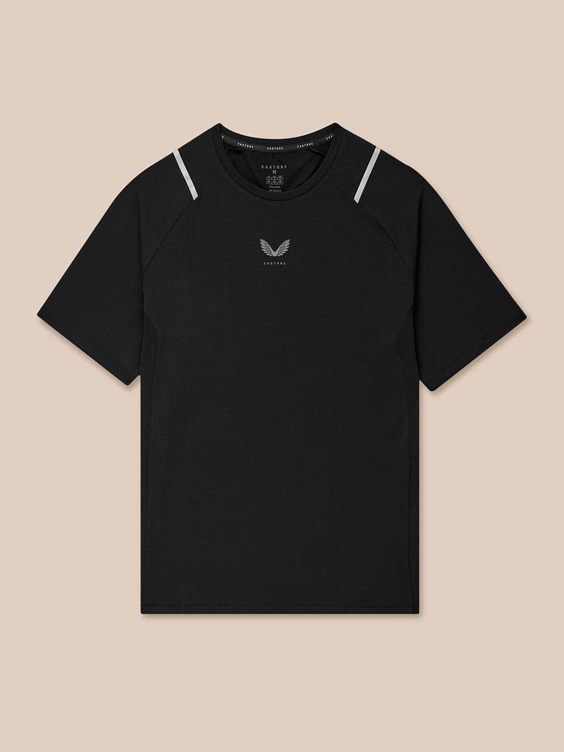 Black men's Apex training T shirt with raglan sleeves textured knit fabric reflective shoulder strips and chest Castore logo