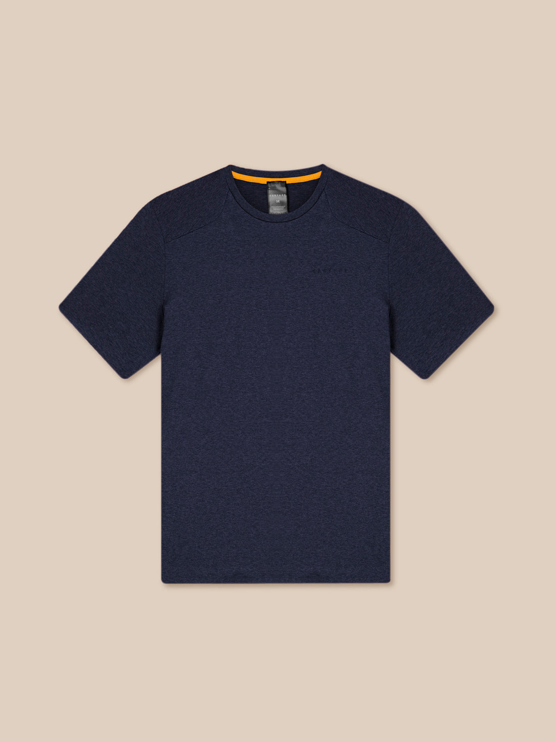 Navy Elevated Lifestyle T Shirt laid flat with orange interior collar details.