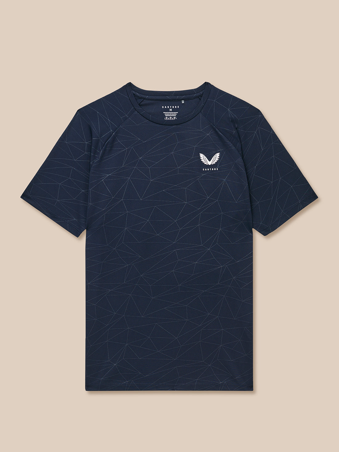 Front view of navy Adapt Training T Shirt with all over geometric print and Castore logo on left chest