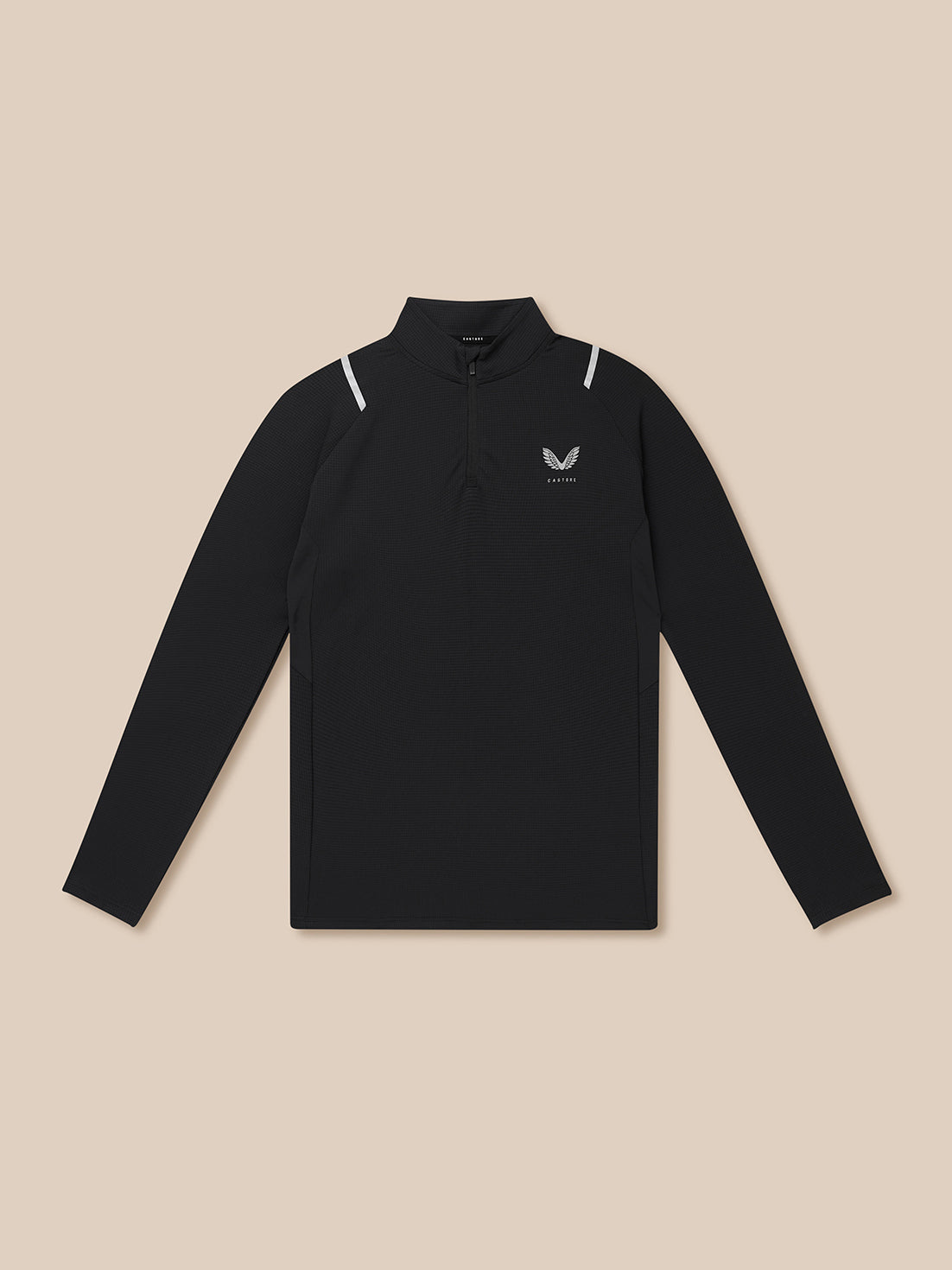 Flat lay of black Apex training top with center quarter zip long sleeves reflective shoulder accents and Castore logo on the chest