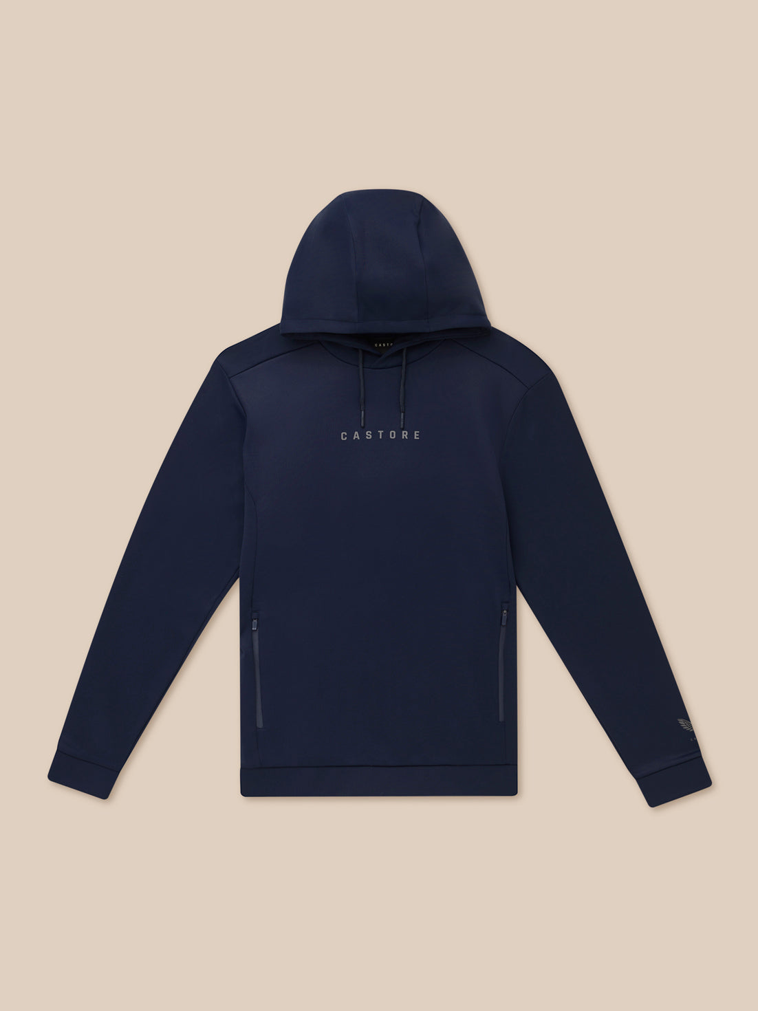 Navy Flex Lifestyle Thermo Hoodie displayed flat with hood, front Castore logo and side zip pockets.