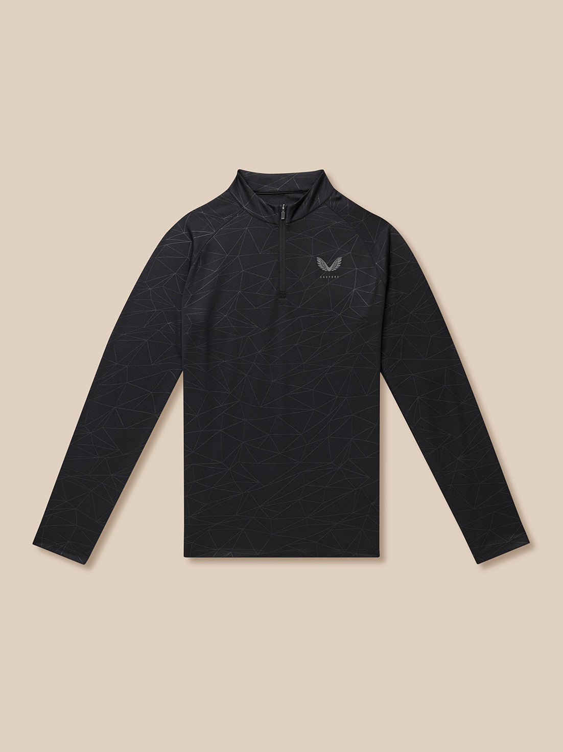 Model wearing black Adapt Training 1/4 Zip Top with geometric print and Castore branding on chest