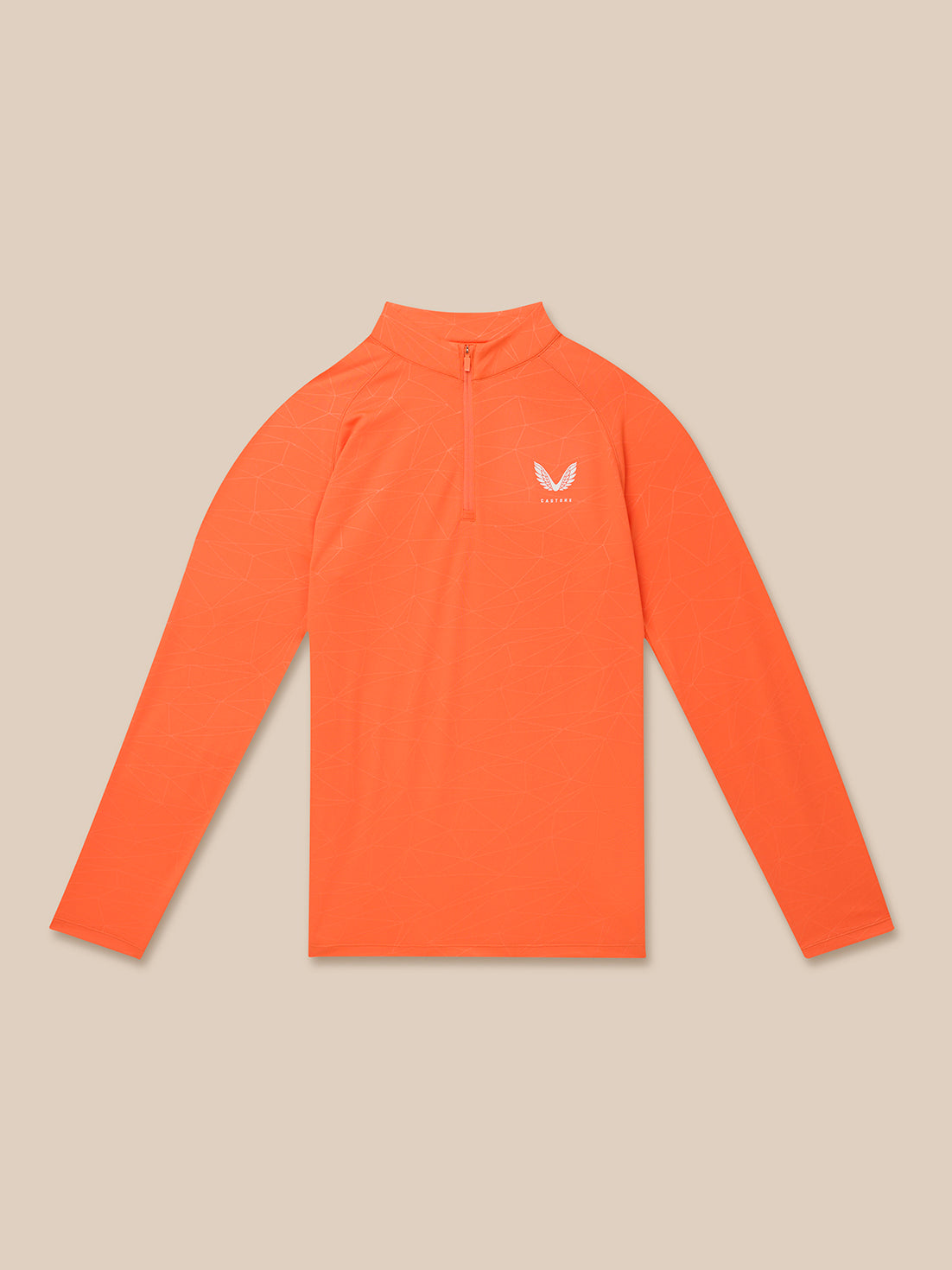 Flat lay of orange Adapt Training 1/4 Zip Top with center zip and Castore logo on the chest, featuring the all over geometric pattern.