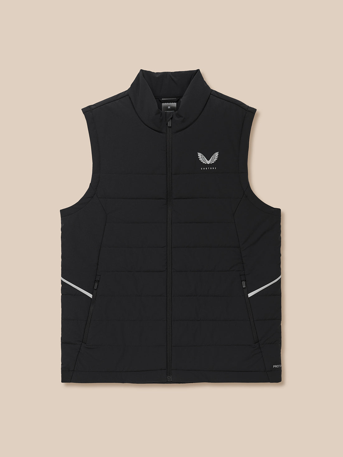 Close up of lower front of black Apex Training Gilet showing ProTek fabric and seam lines