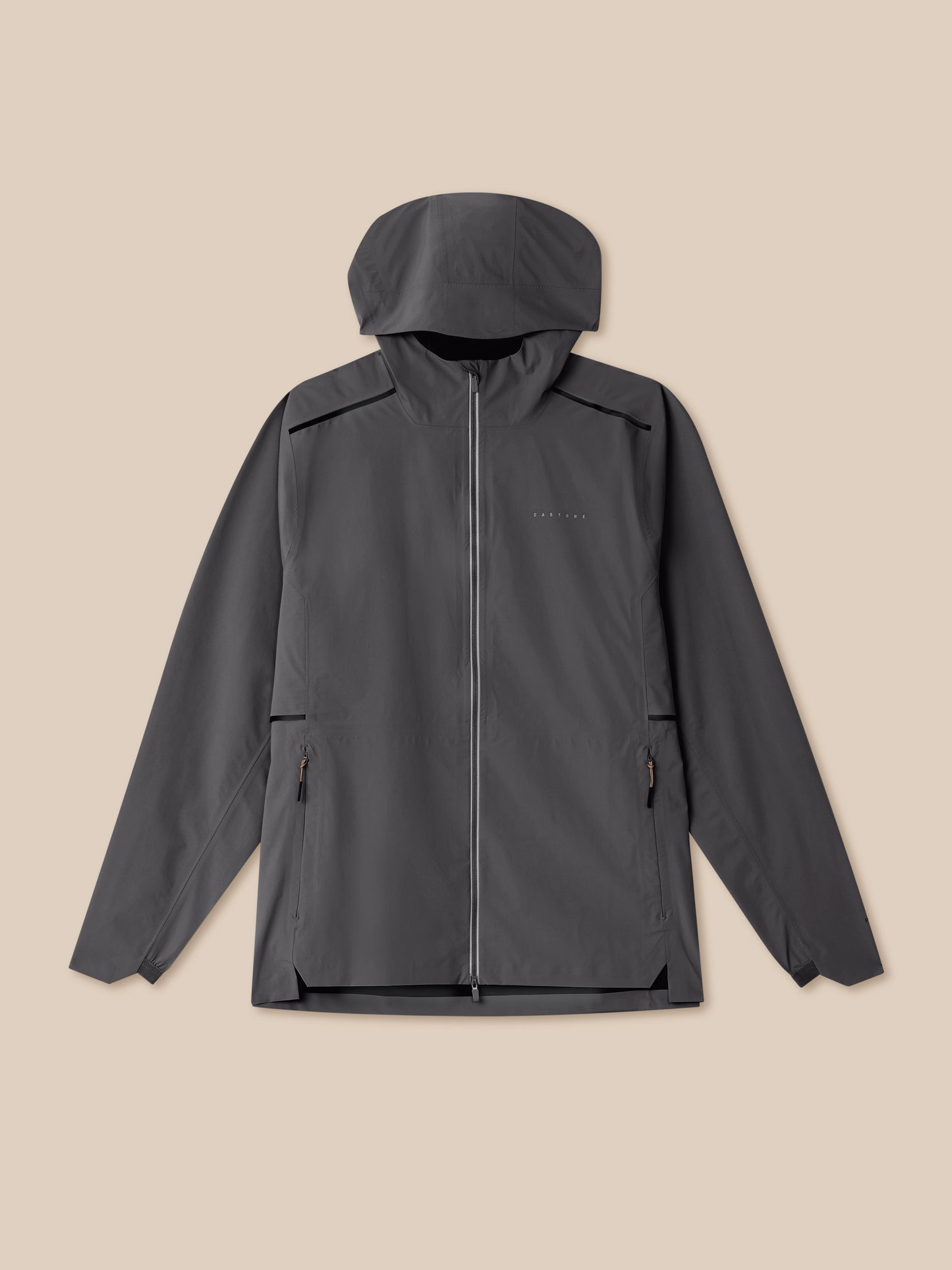 Full front view of Zone Training LVS Jacket in gray with hood up and a full-length zipper, CASTORE logo on the chest.