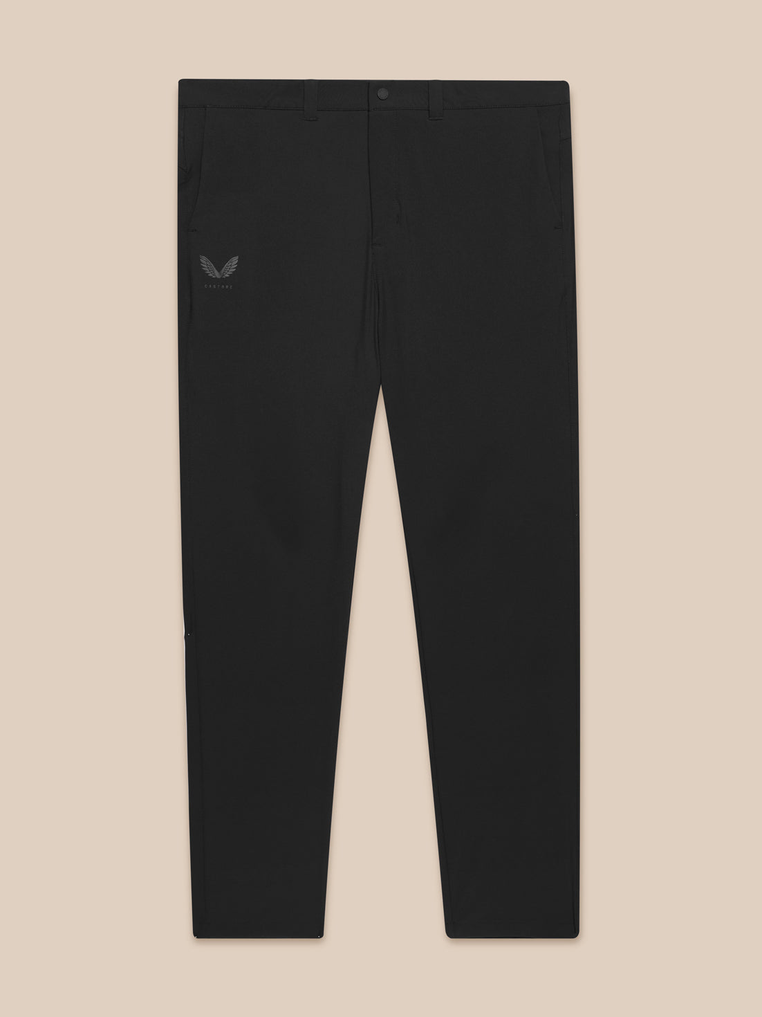 Front view of black Golf Club Trousers 34 inches laid flat with waistband belt loops and left hip logo