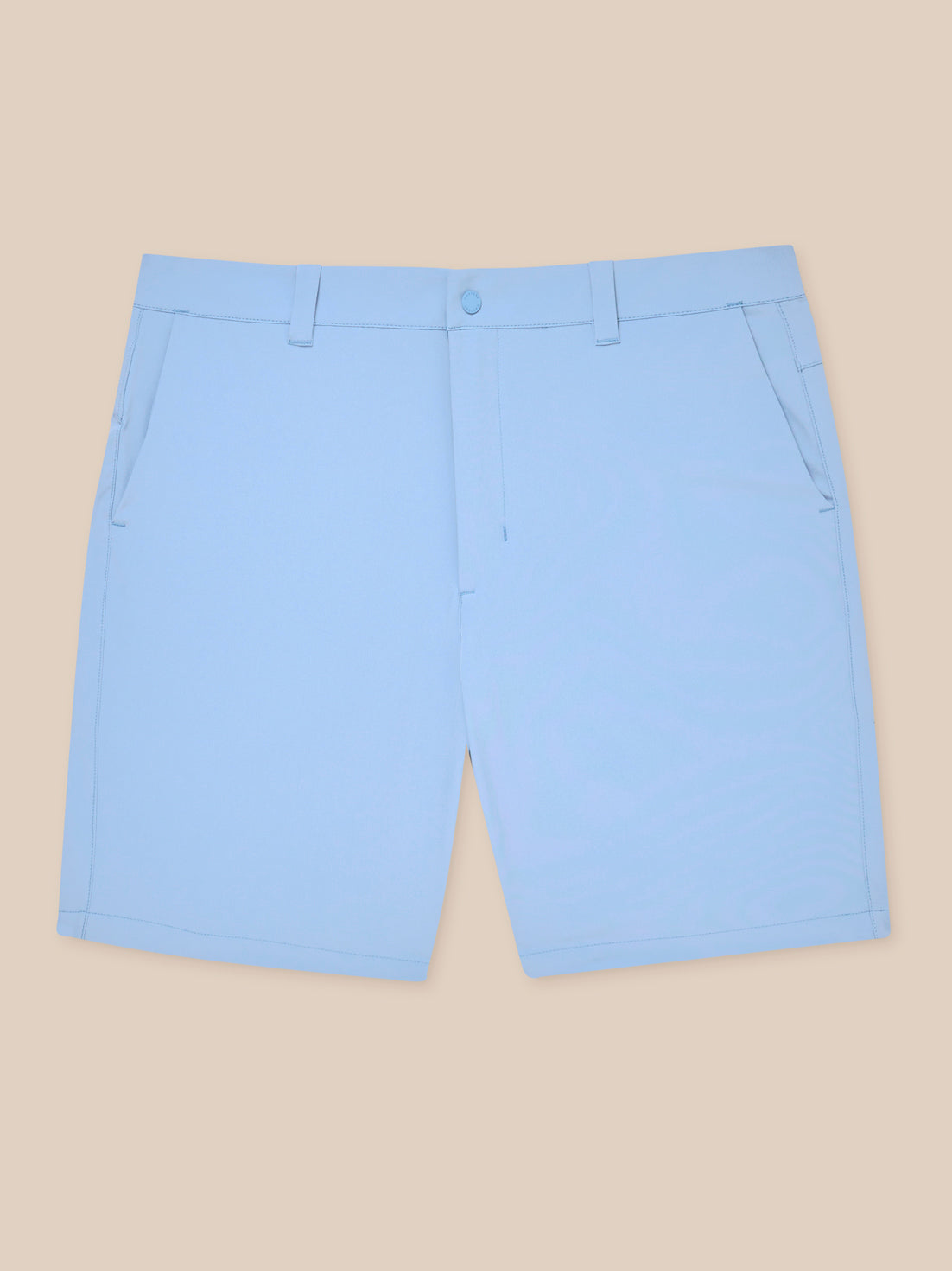 Rear view of sky blue golf shorts showing belt loops and clean stitching
