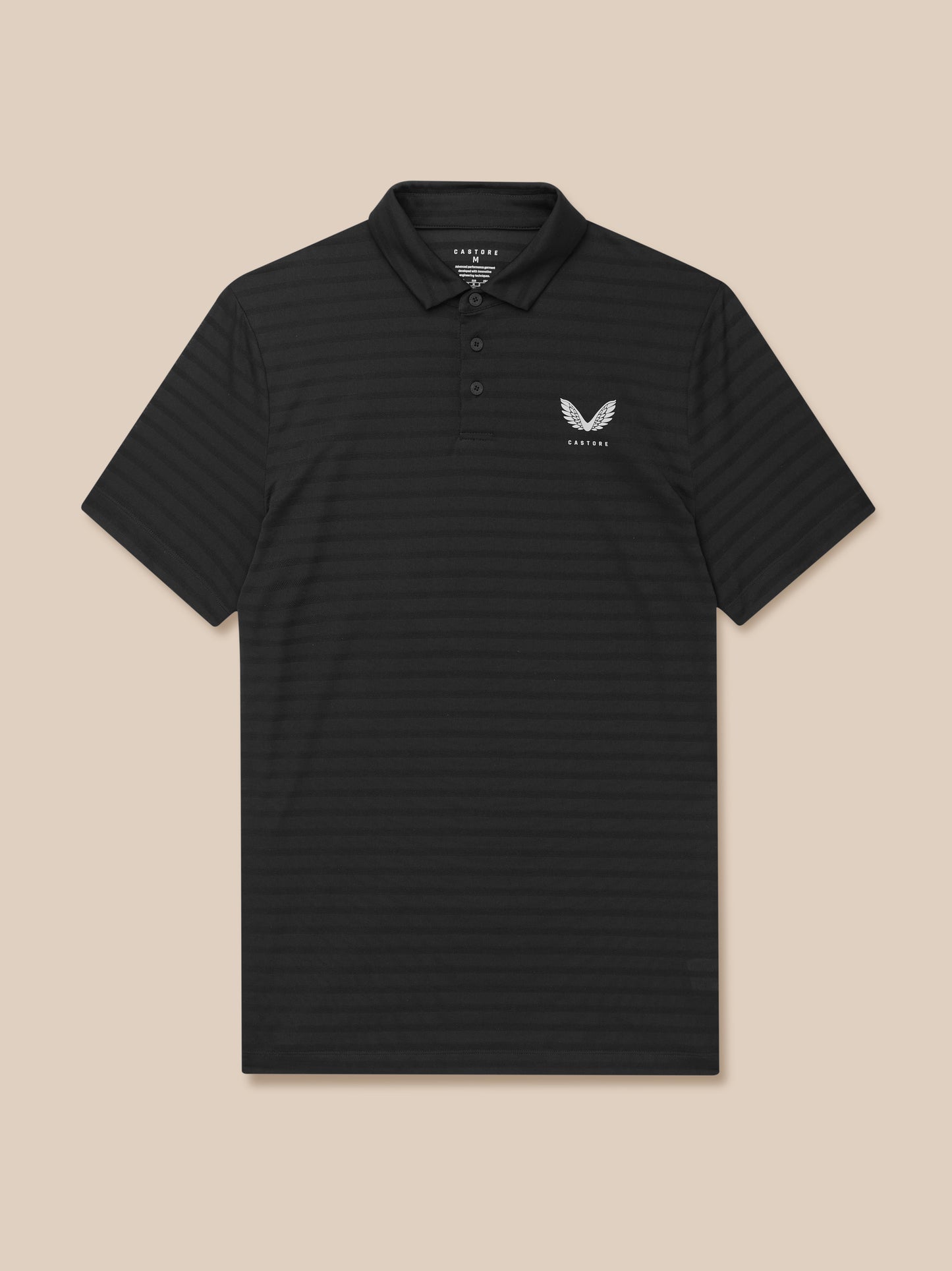 Black striped polo with a three button placket and a white wing logo on the left chest