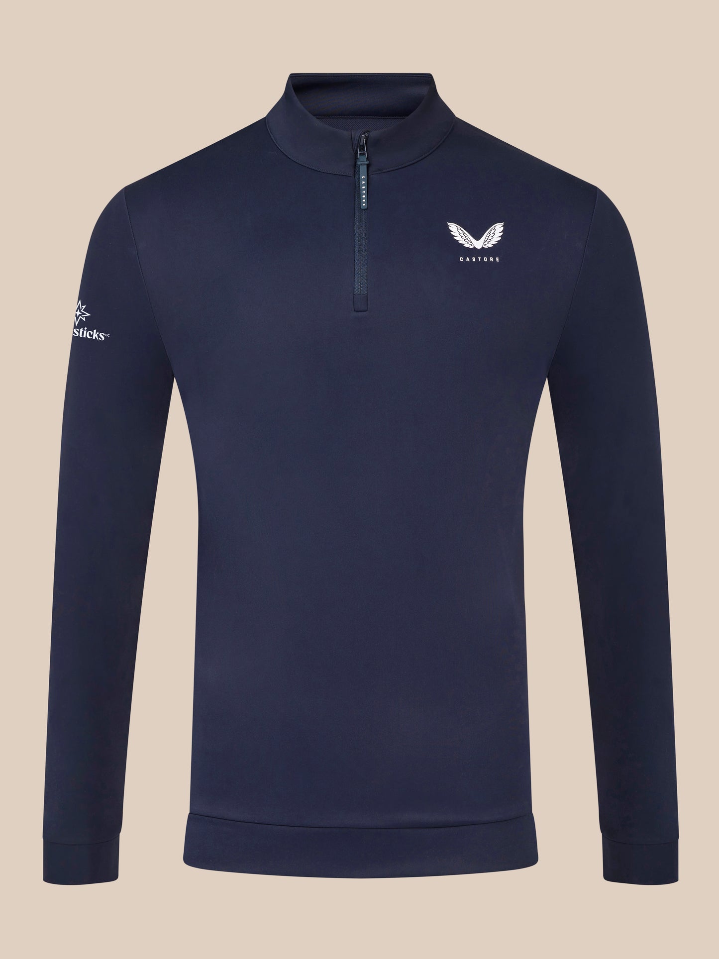 Male model in midnight navy Castore Golf Club Classic quarter zip top showing chest and back logos