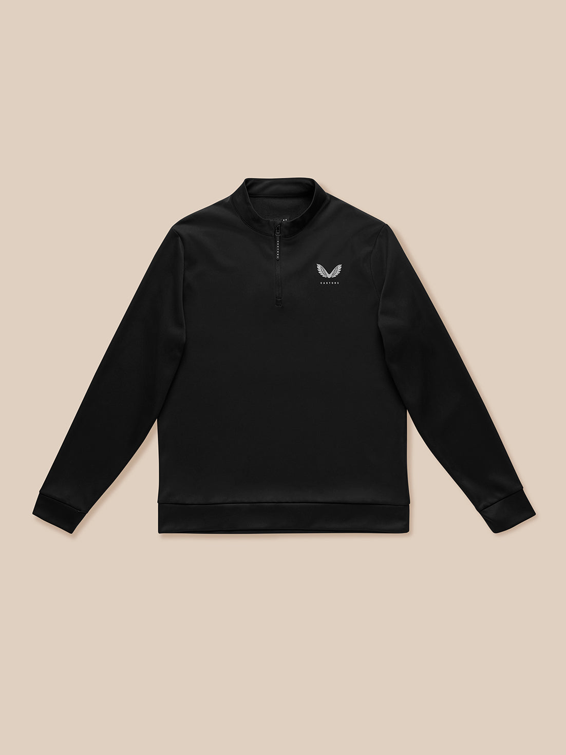 Black long sleeve golf top with stand collar and quarter zip Castore branding on the chest