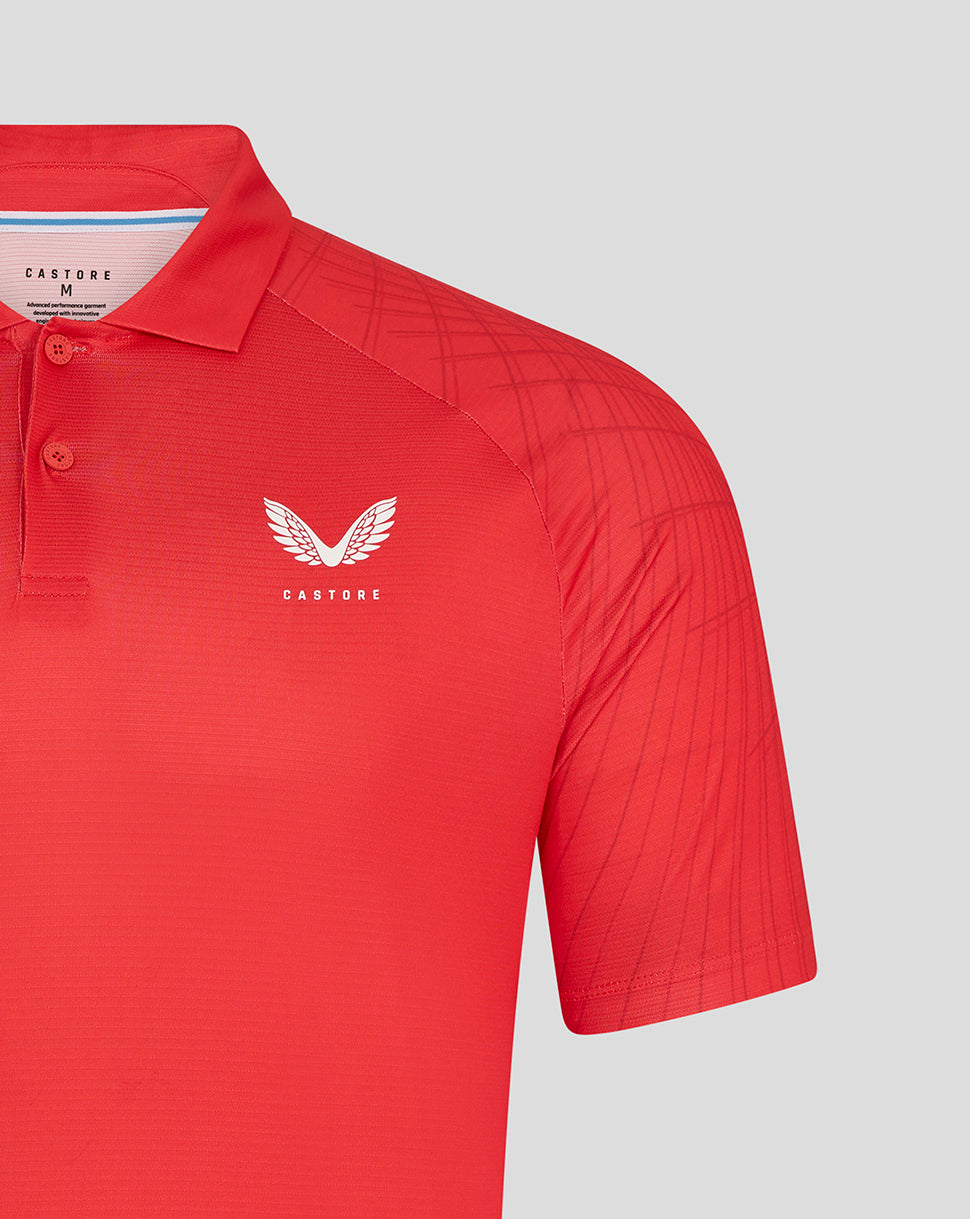 Red Majesticks golf polo with Majesticks logo on right chest and Castore branding on left chest.