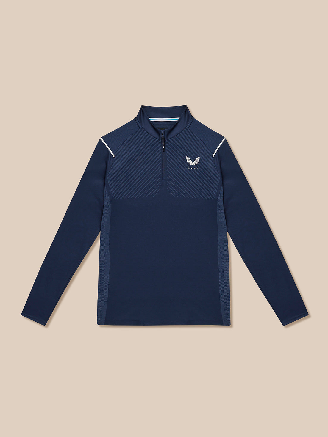 Flat lay navy Pinnacle LVS 1/4 Zip Top showing the quarter zip collar and left chest logo