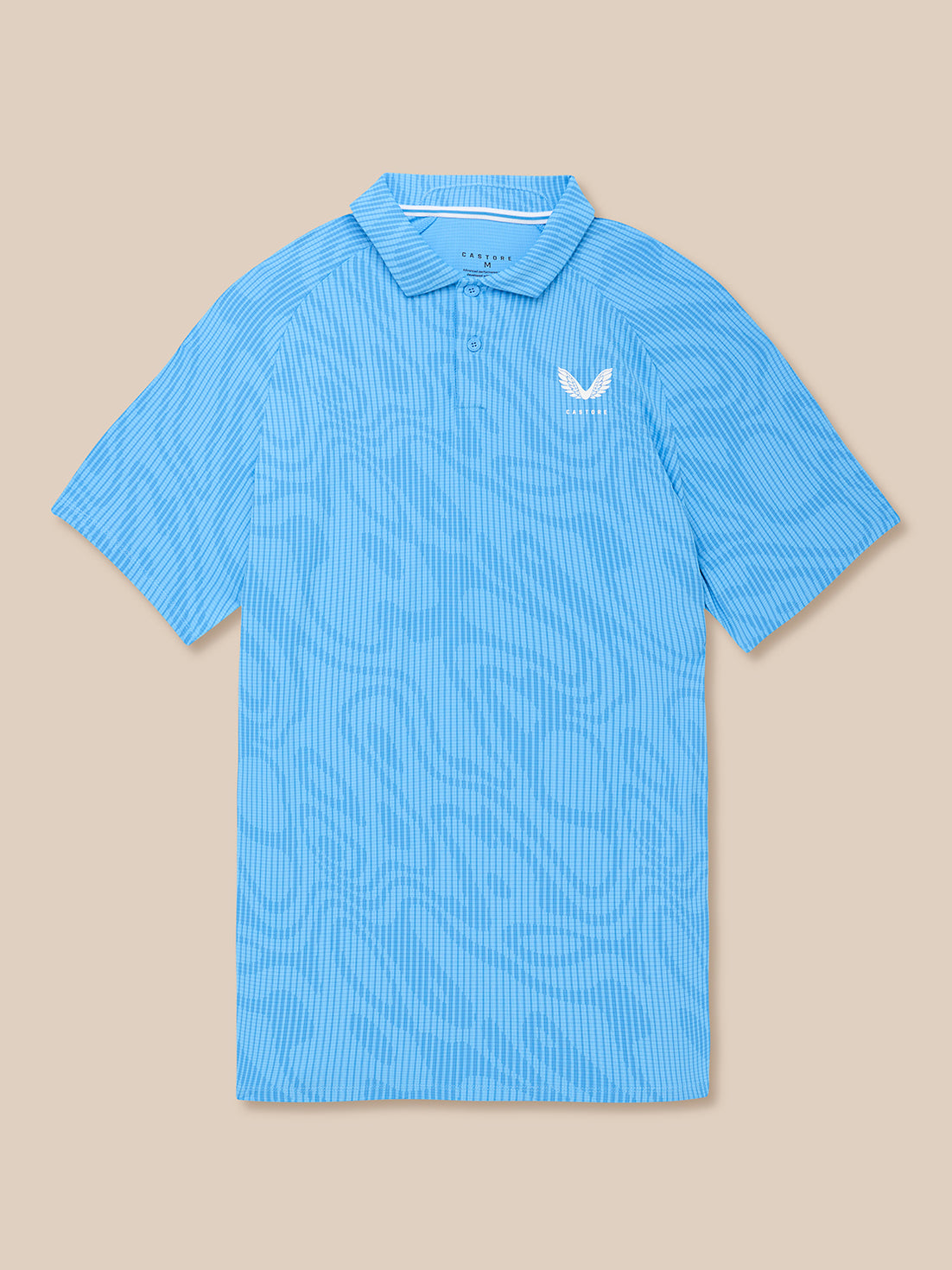 Golf Club Glow Printed Polo in cool blue with white detailing, AerTek moisture-wicking fabric and left chest logo.