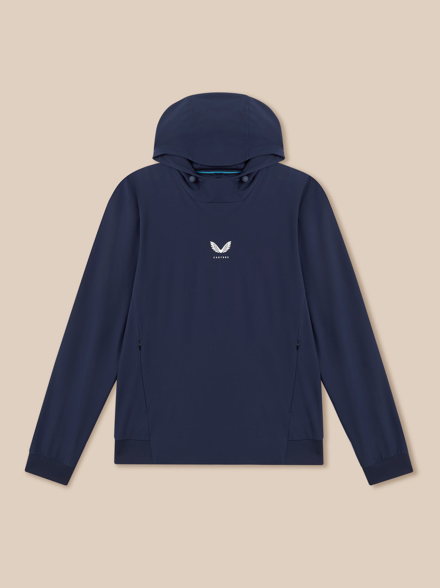 Back view of the Midnight Navy Pinnacle Performance Hoodie with hood up and a small Castore logo on the back