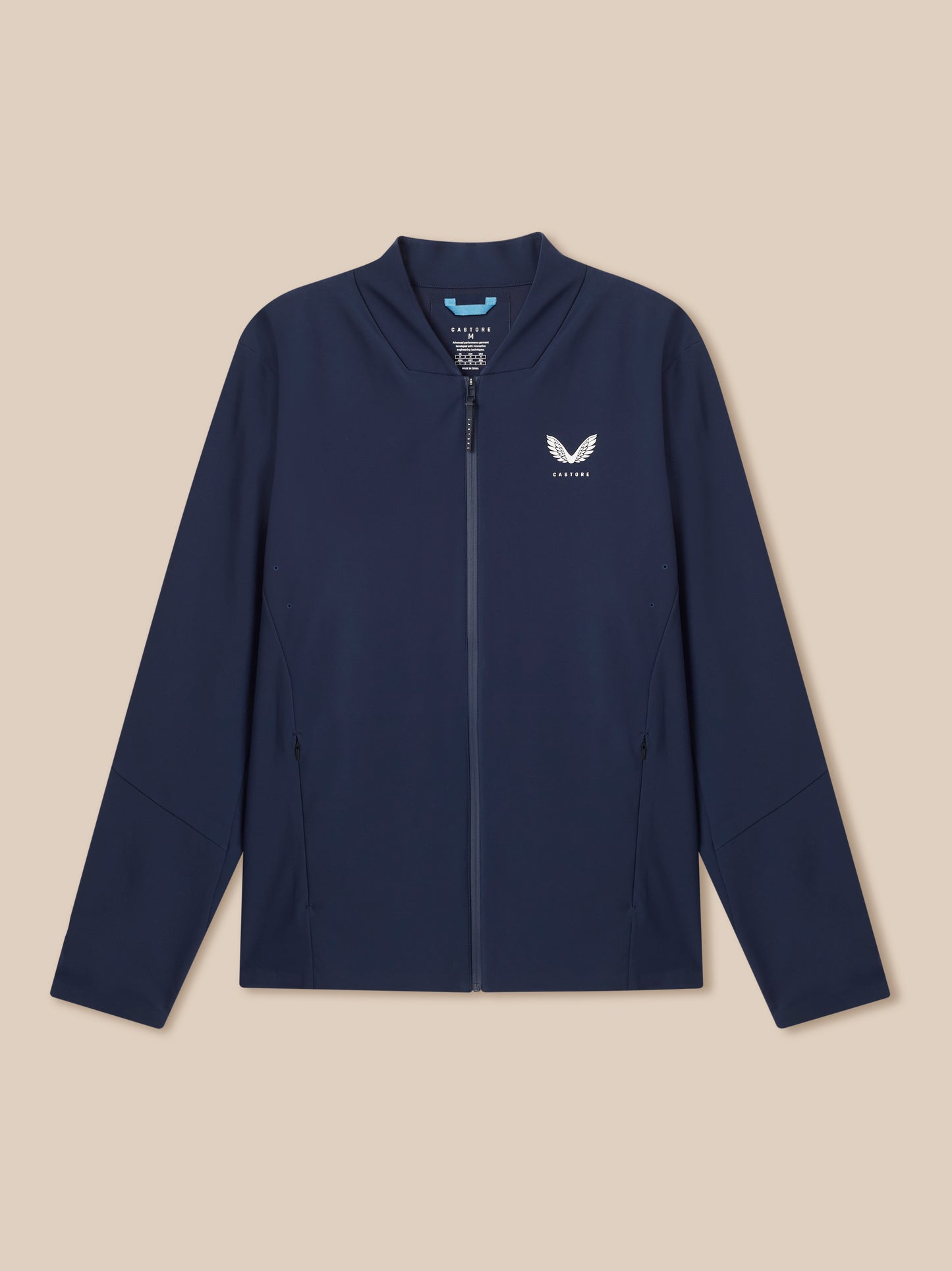 Front view of navy Layered Ventilation System jacket with zipper and left chest logo