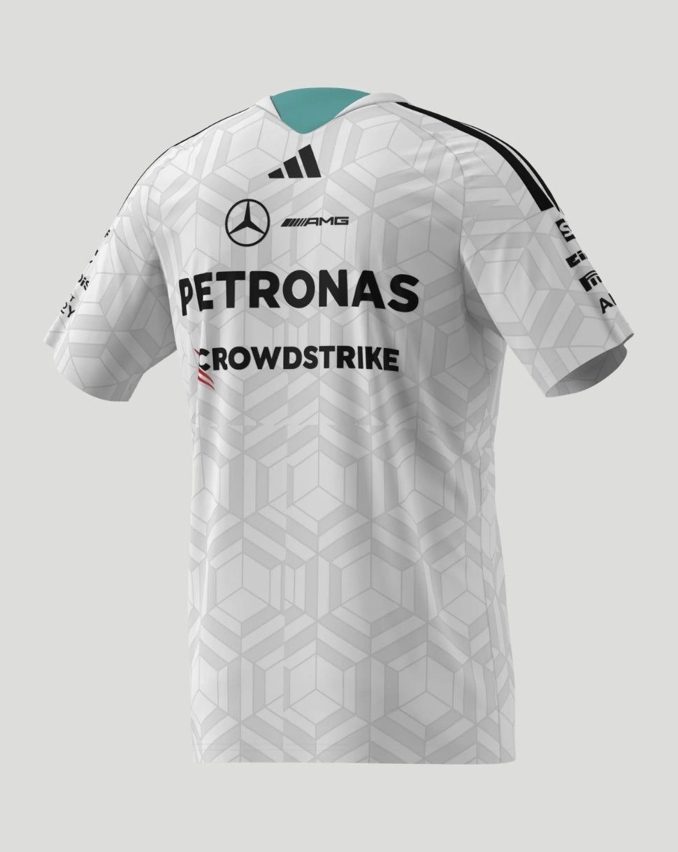 Back view of white Mercedes AMG Petronas F1 Team men's driver T-shirt with PETRONAS and CROWDSTRIKE logos