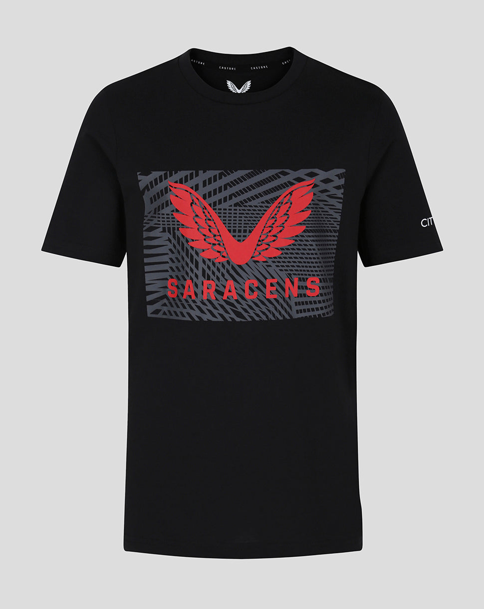 Black Saracens cotton T shirt with red wing crest and Saracens Castore branding on the chest