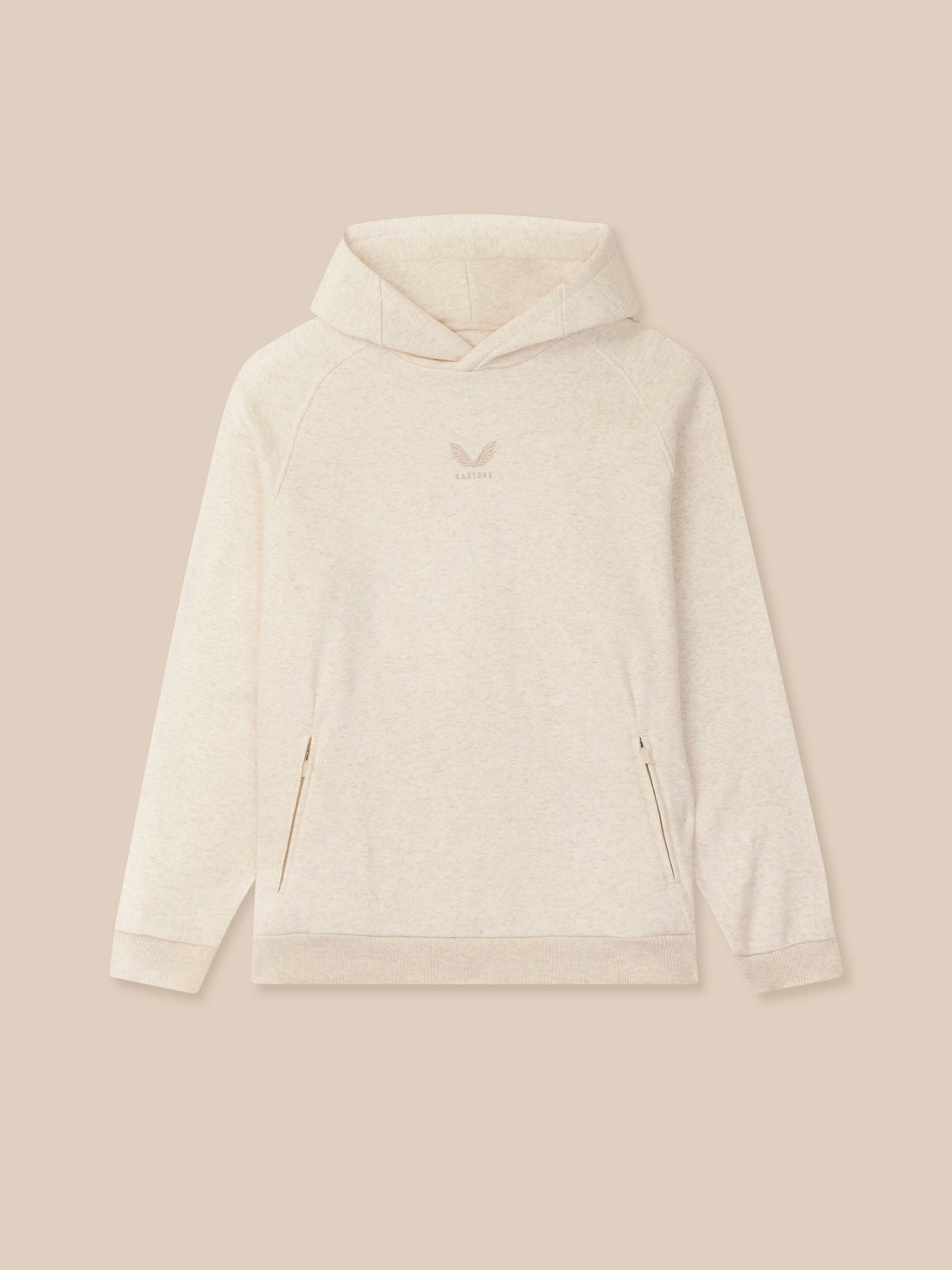 Cream fleece hoodie with front zip pockets and small Castore logo at the center chest.