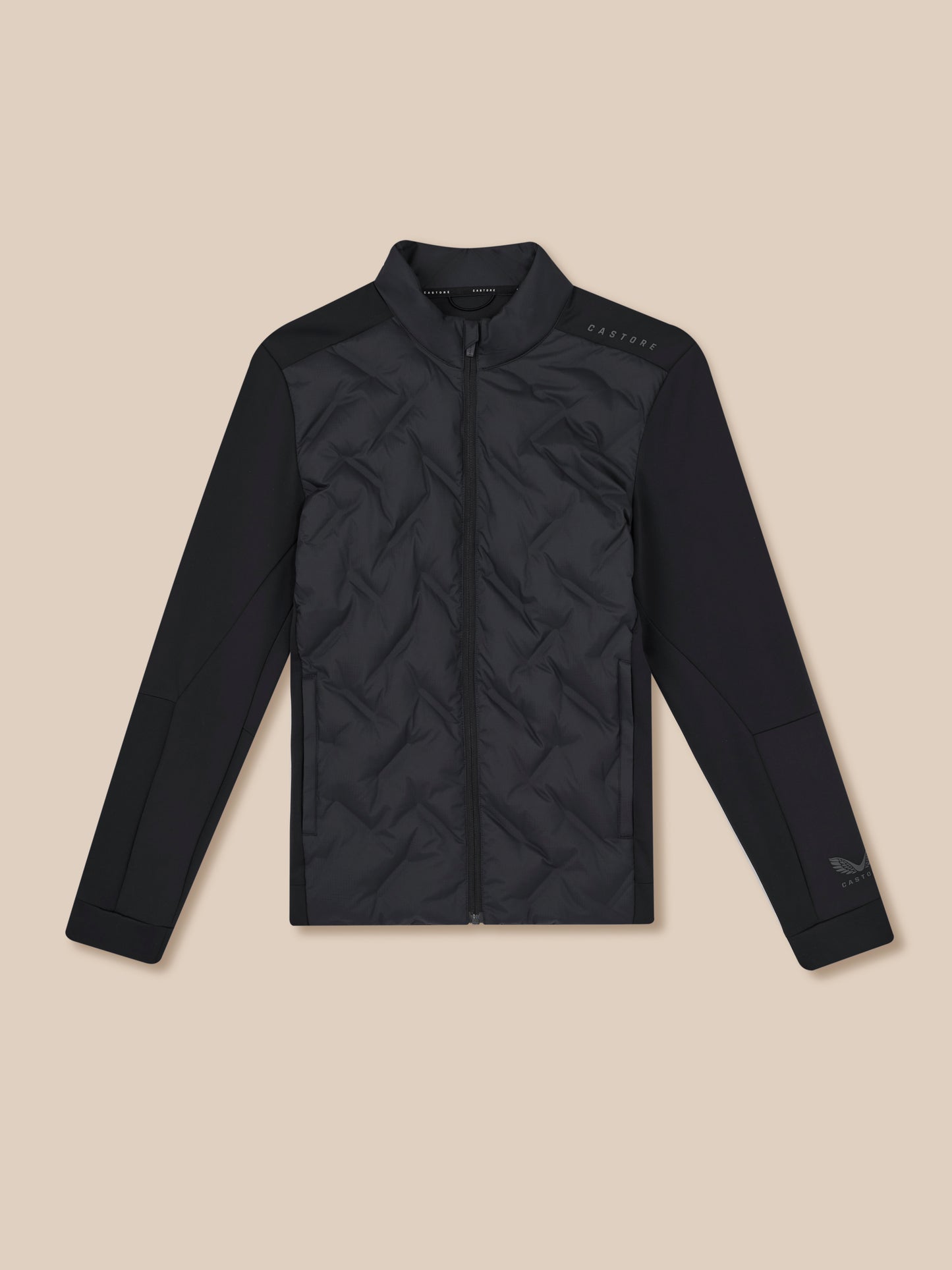 Men’s Flex Long Sleeve Hybrid Jacket in black with a stand collar and front zipper