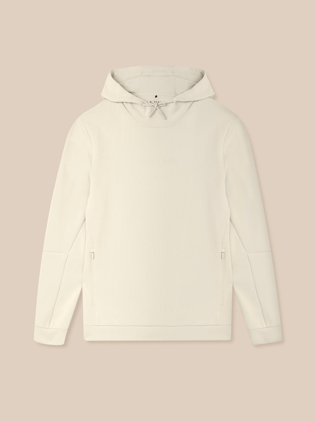Cream Men’s Flex Long Sleeve Hoodie front view with Castore logo at center chest and ProTek water resistance