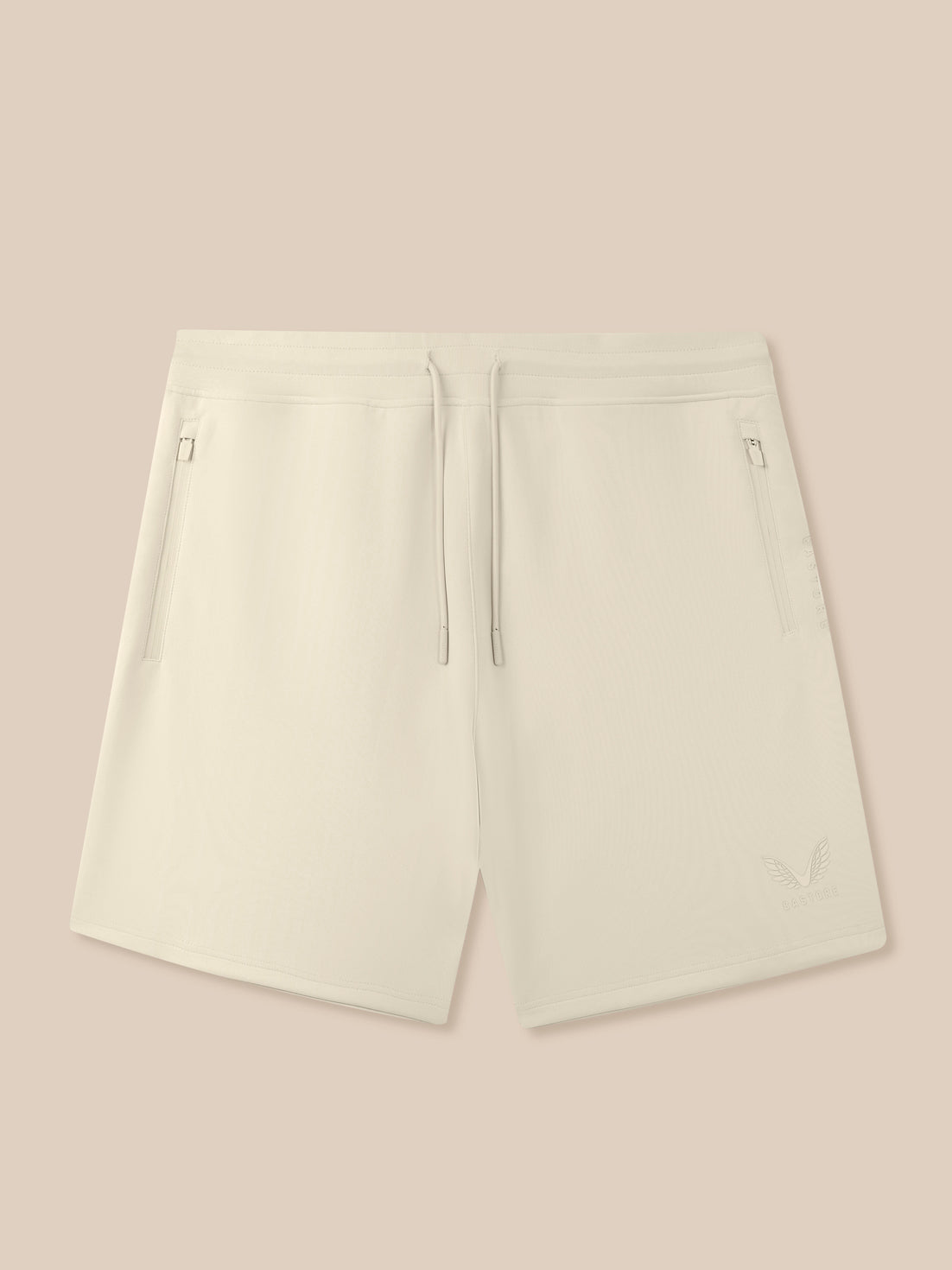 Cream Men’s Flex Shorts with adjustable drawcord waistband zip pockets and Castore logo on left thigh