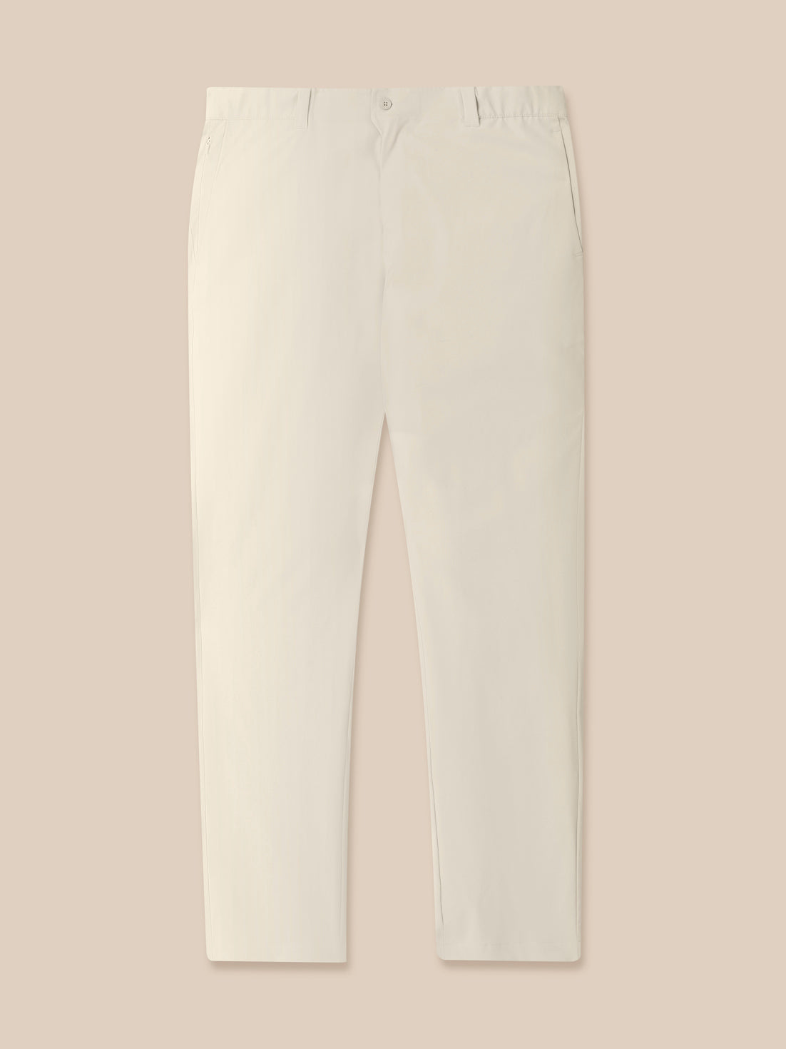 Cream men's golf trousers laid flat front view with button waist and belt loops