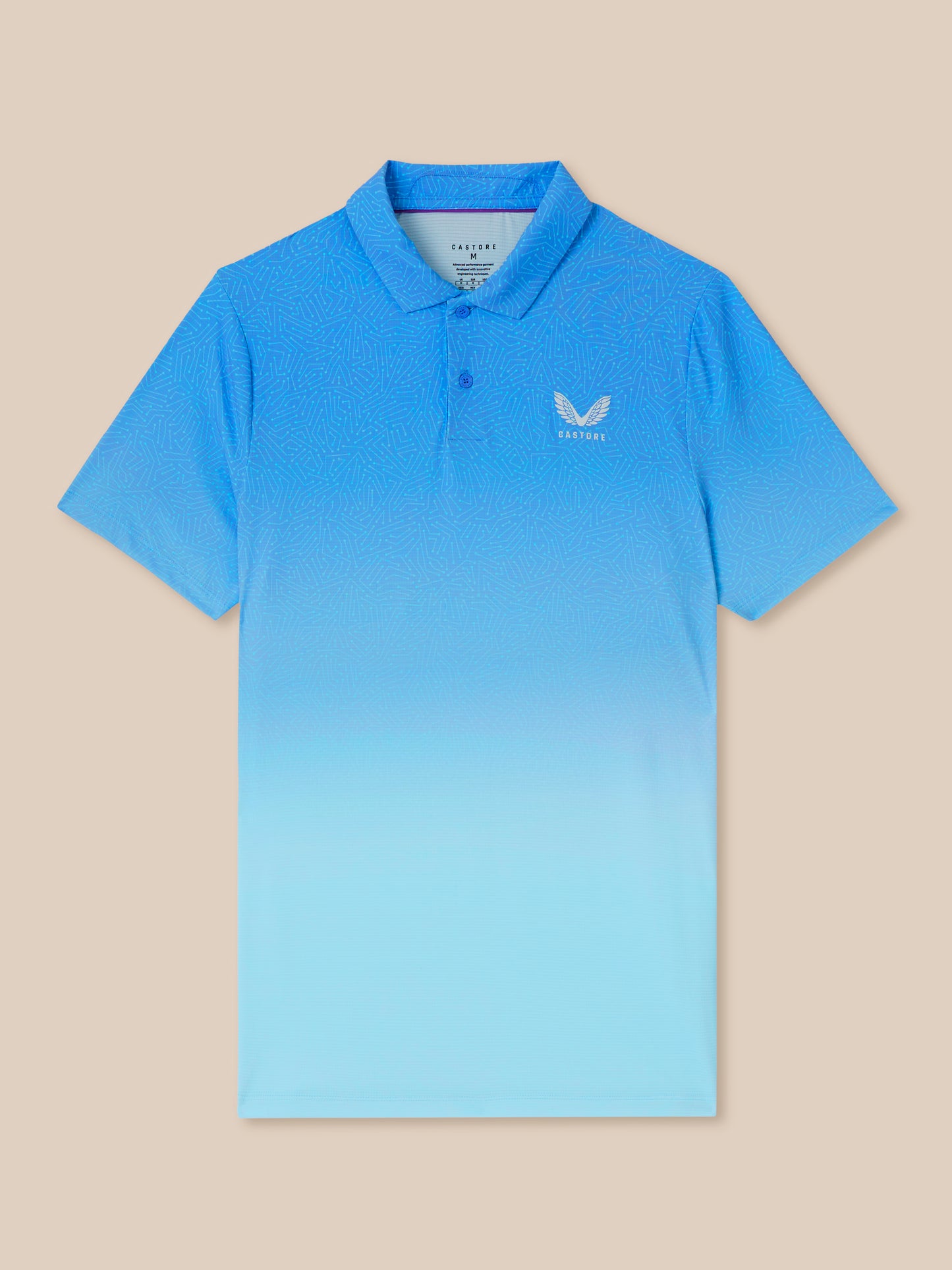 Blue gradient map print golf polo for men with a pointed collar, three buttons, and Castore logo on the left chest