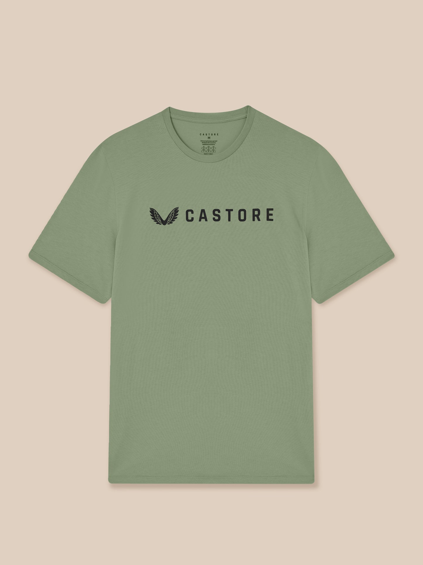 Front view of thyme green Castore short sleeve T shirt with logo on the chest