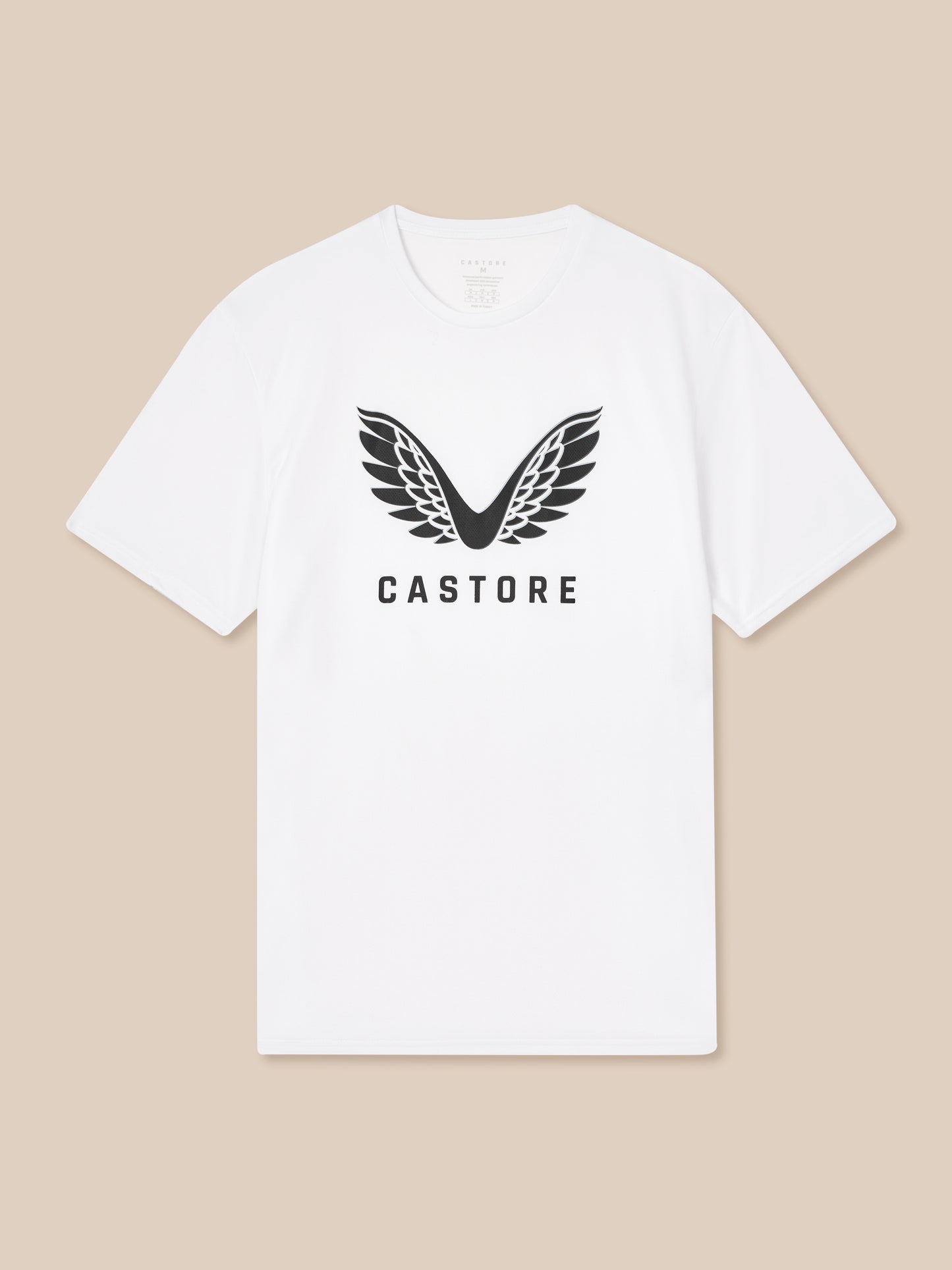 White T shirt featuring a large black wing emblem and Castore wordmark on the chest