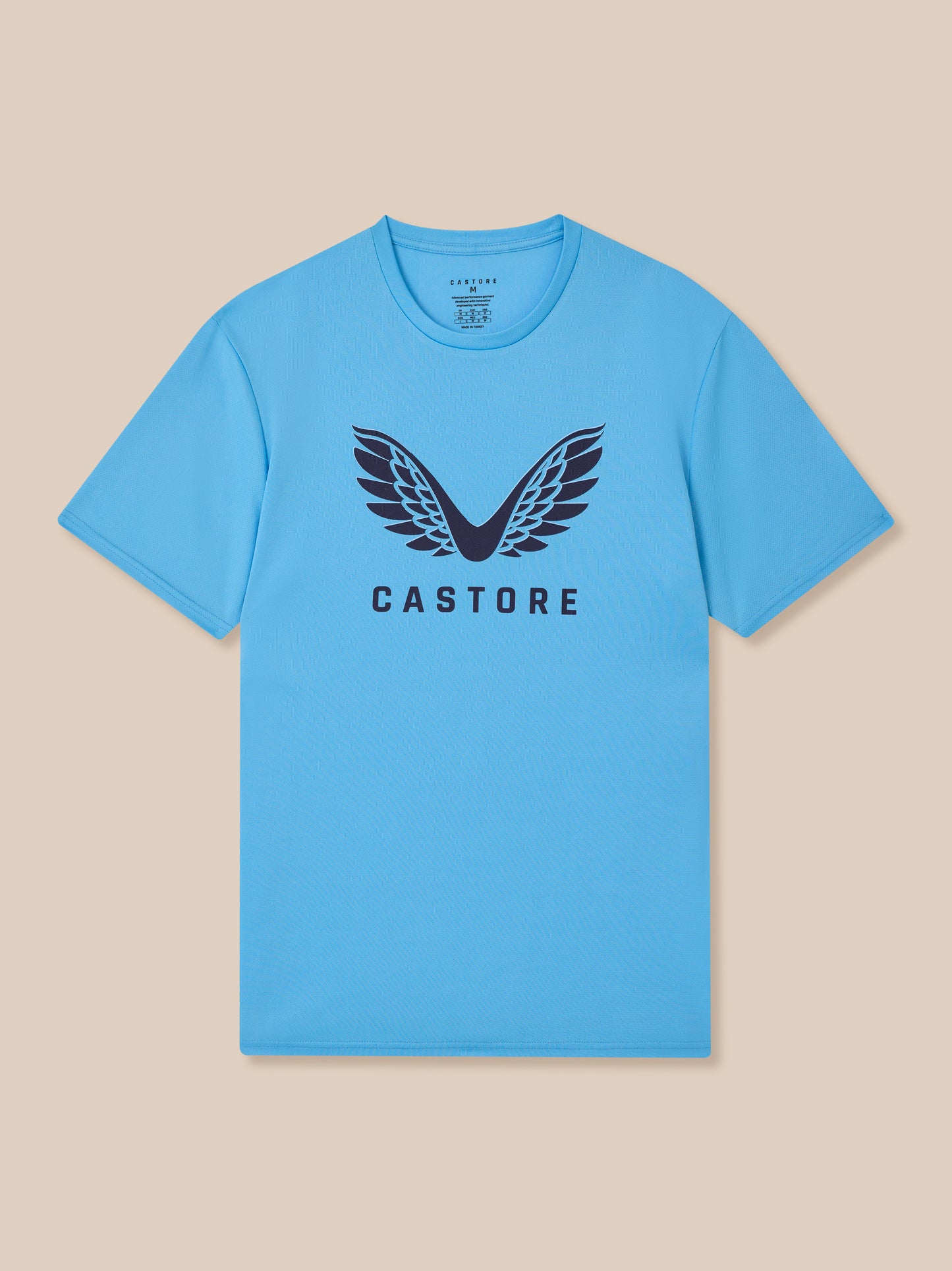 Torso-focused shot of a model in a light blue Castore Graphic Training T-Shirt showcasing the wing logo centered on the chest.