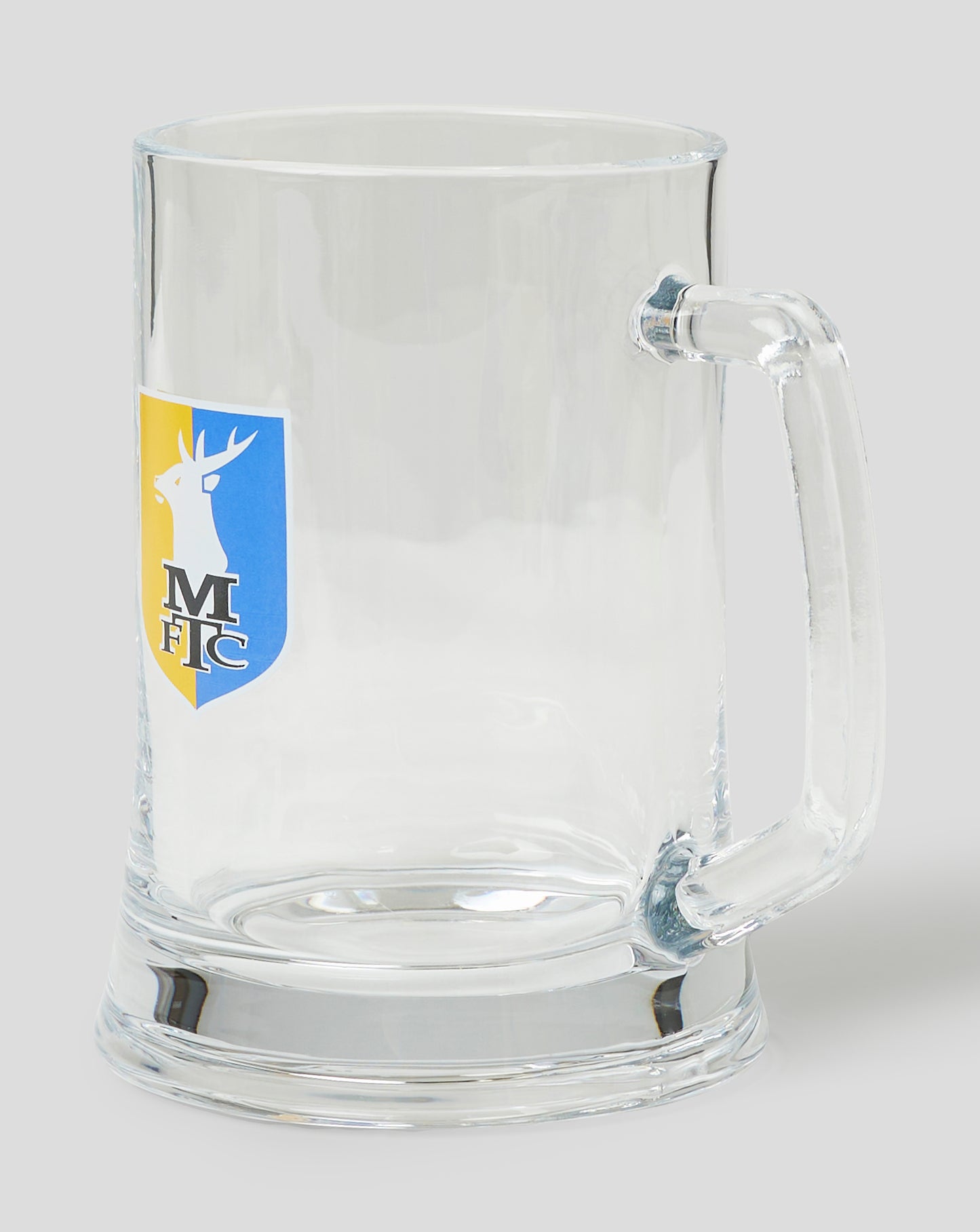 Clear Mansfield Large Tankard Glass displayed from the side with crest on the front