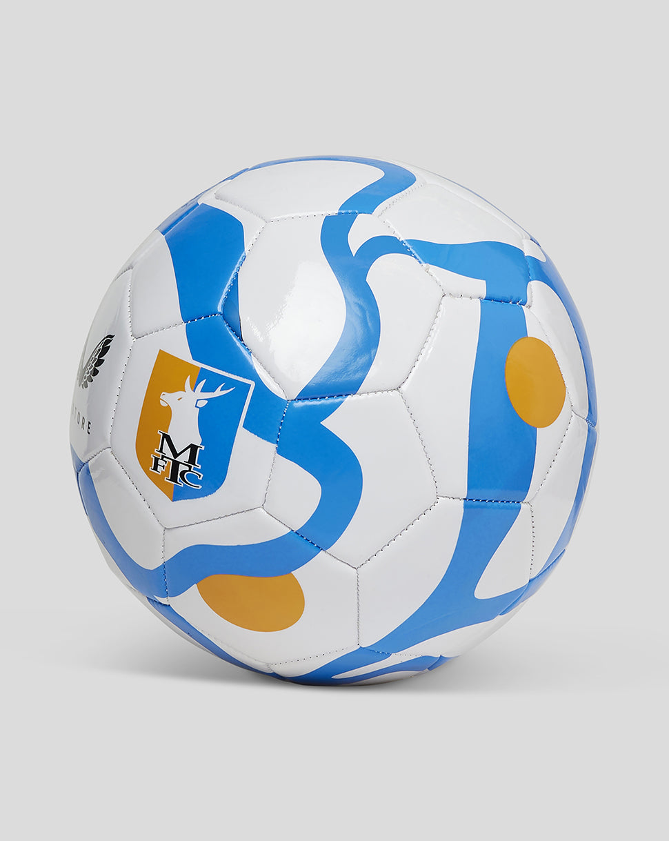 Mansfield Size 5 football featuring blue white abstract panels with club crest and Castore branding