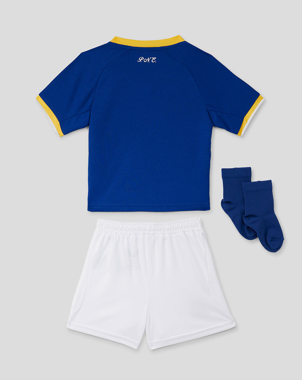 Preston North End baby away kit blue jersey with yellow trim white shorts and blue socks