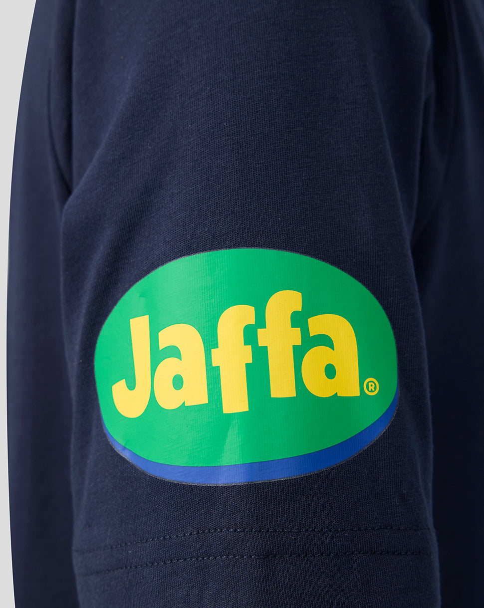 Navy Leicester Tigers Travel Polo sleeve with bright green and yellow Jaffa sponsor badge