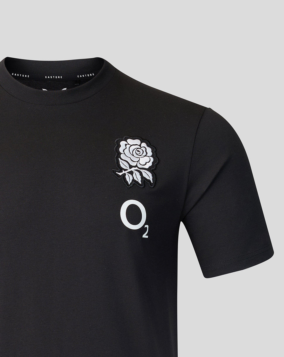 Black England Rugby 26/27 Off Pitch T shirt with white rose emblem and O2 branding on the chest