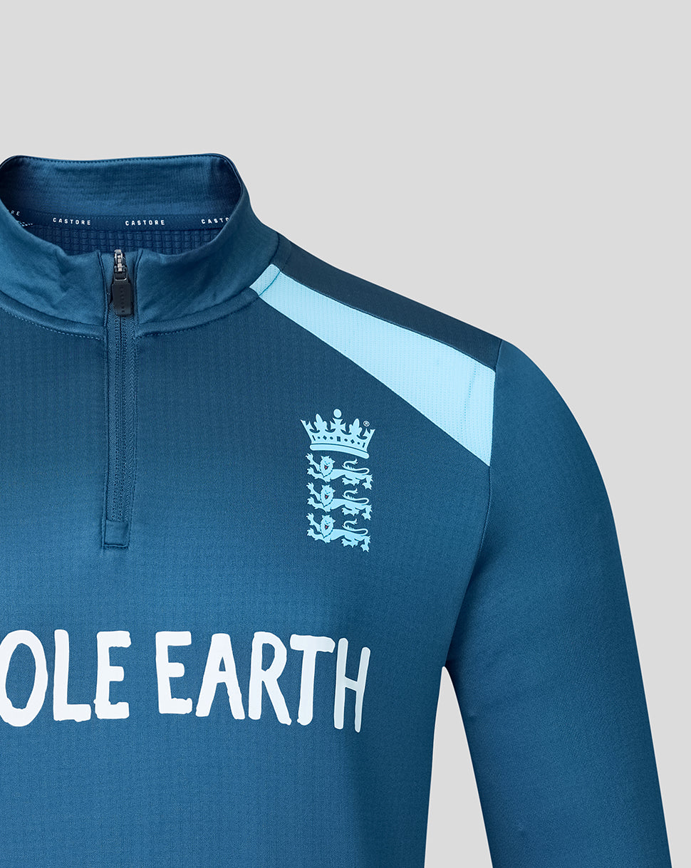 England cricket training midlayer in blue with quarter zip Castore logo and three lions crest