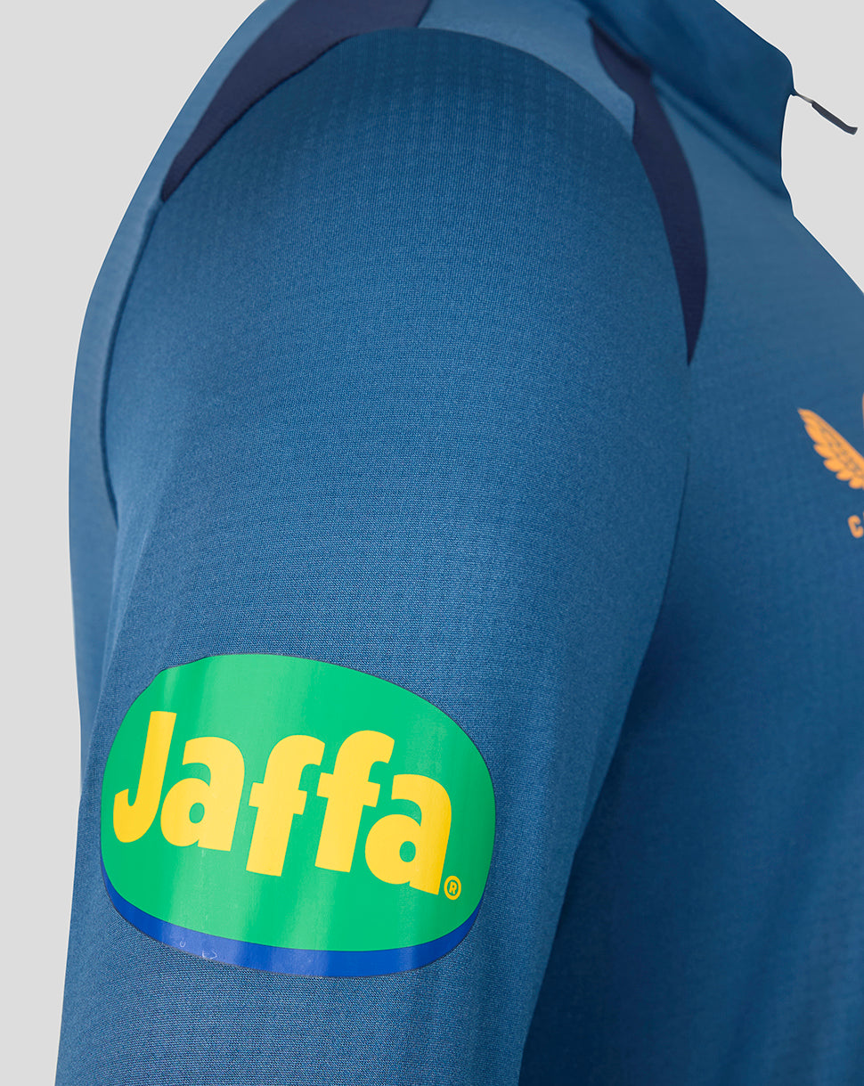 Sleeve features green and yellow Jaffa sponsor patch on blue Leicester Tigers training top