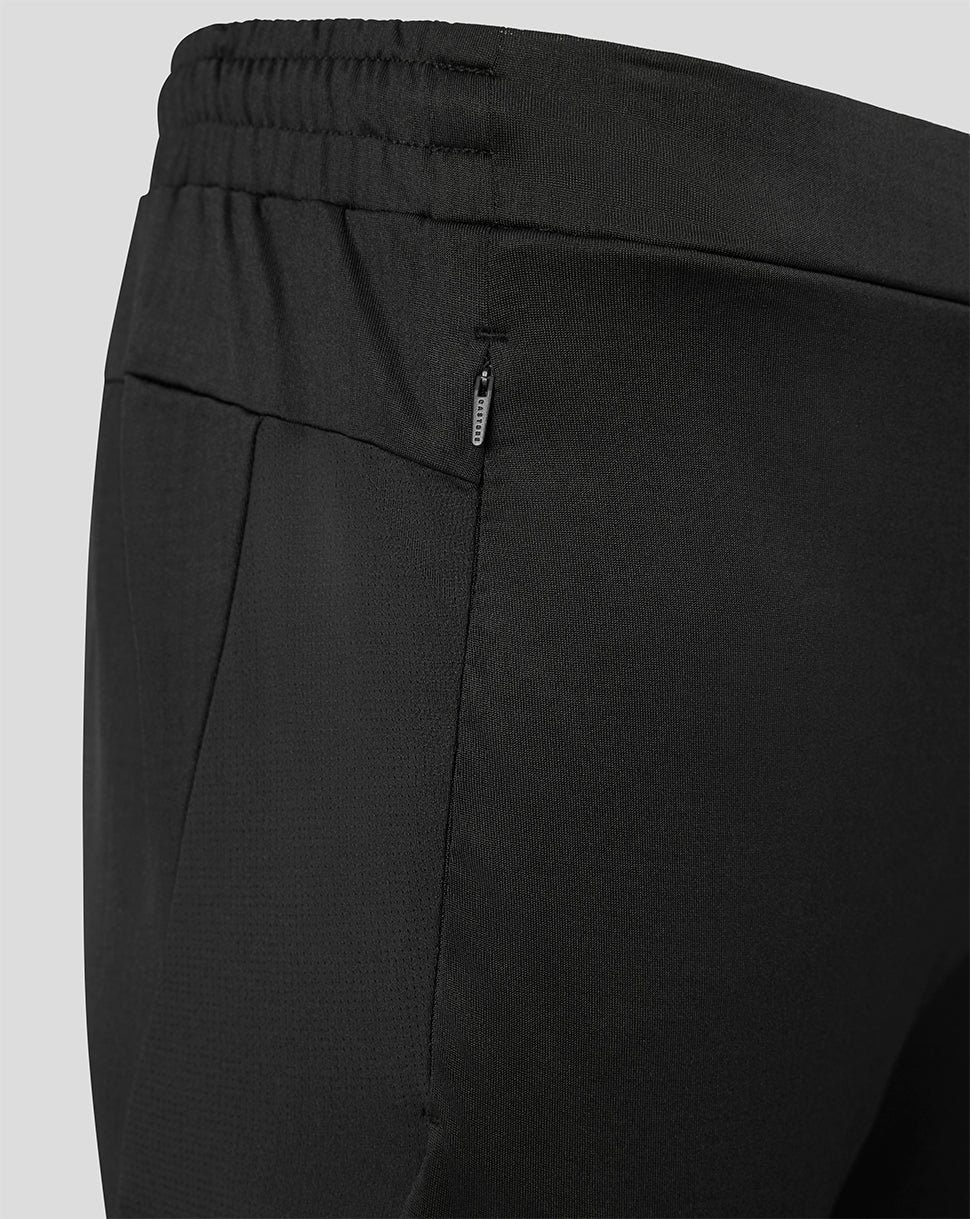 Close-up of black athletic pants showing the elastic waistband, side pocket seam, and a small vertical zip pocket with a silver zipper pull on a light gray background.