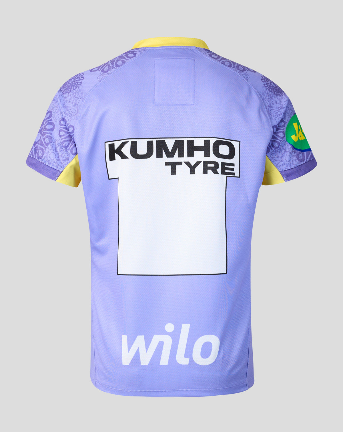 The back of a light purple soccer jersey with yellow collar and sleeve accents, featuring 'KUMHO TYRE' on the upper back, a large white sponsor block, and 'wilo' in white at the bottom.