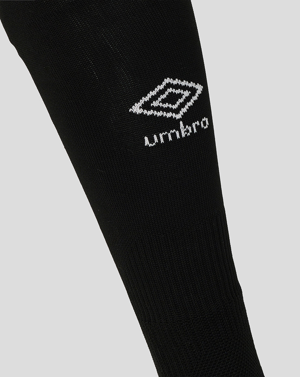 Close-up of black Rangers FC junior third sock with white Umbro logo