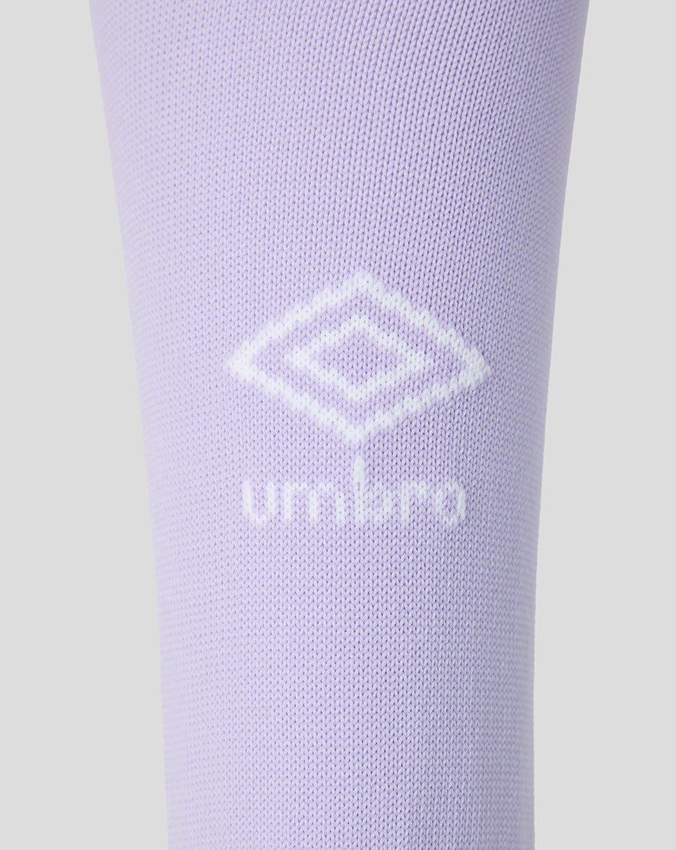 Close-up of lavender Rangers third goalkeeper sock fabric with white Umbro diamond emblem.