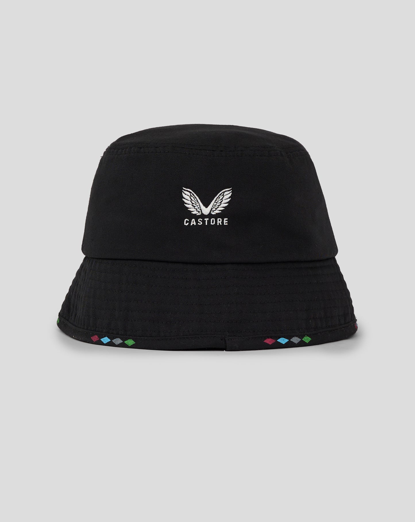 Close-up of Harlequins Mono Bucket Hat showing Castore emblem on front panel