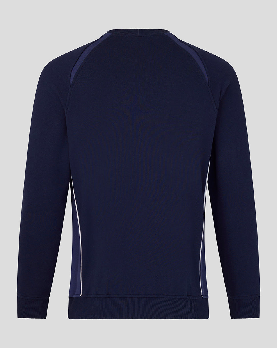 Back view of navy Rangers panelled sweatshirt with contrasting shoulder panels