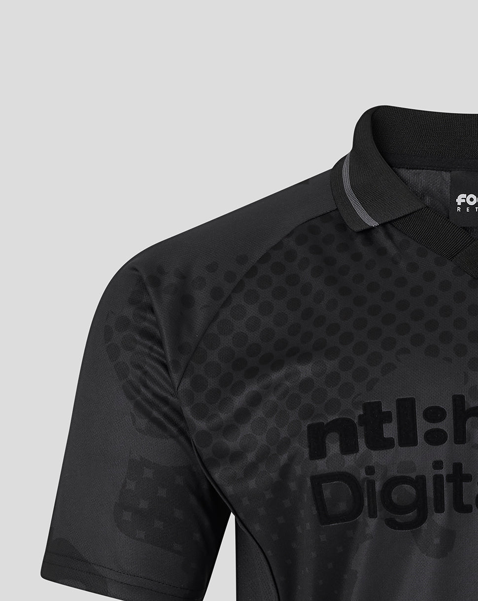 Rangers blackout shirt close up at shoulder and collar with dotted front pattern