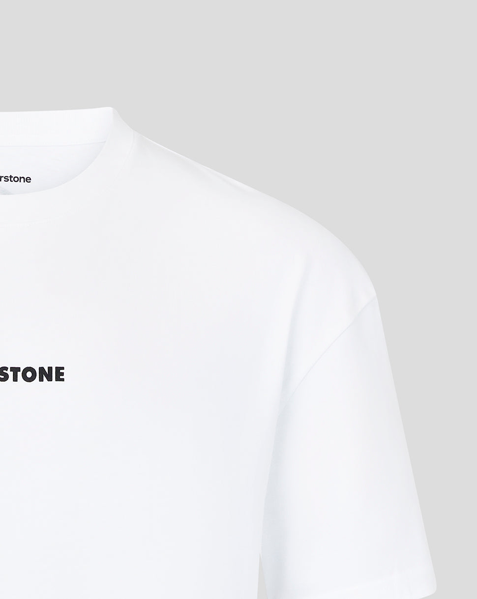 Close-up of a white short-sleeve T-shirt showing the left chest area with partial black 'SILVERSTONE' text and a small black brand mark inside the collar on a light gray background.